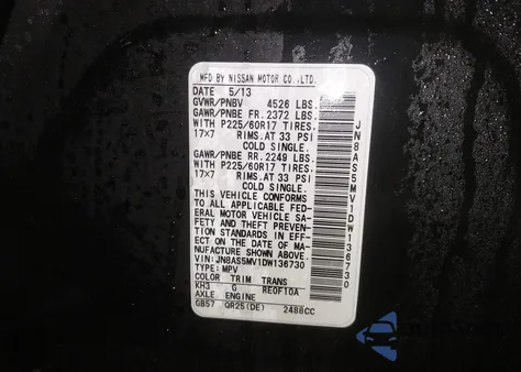 2013 Nissan Rogue Sv from USA, damaged, VIN JN8AS5MV1DW136730